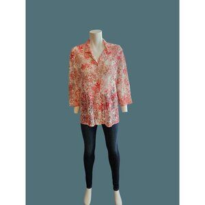 Maggie Sweet Sheer Floral Coquette Lace 3/4 Sleeve Blouse Women L Pink/Red